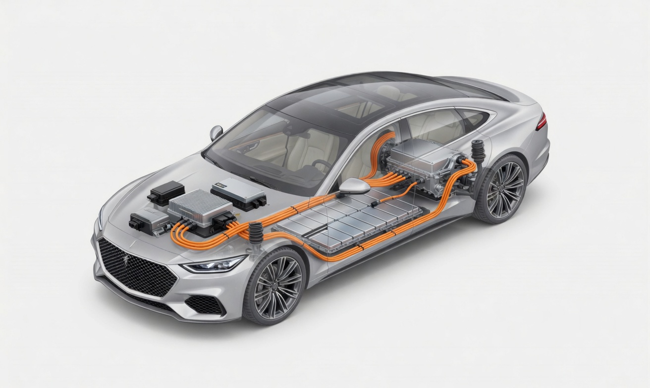 Electric vehicle platform cutaway showing battery pack, motor and power electronics