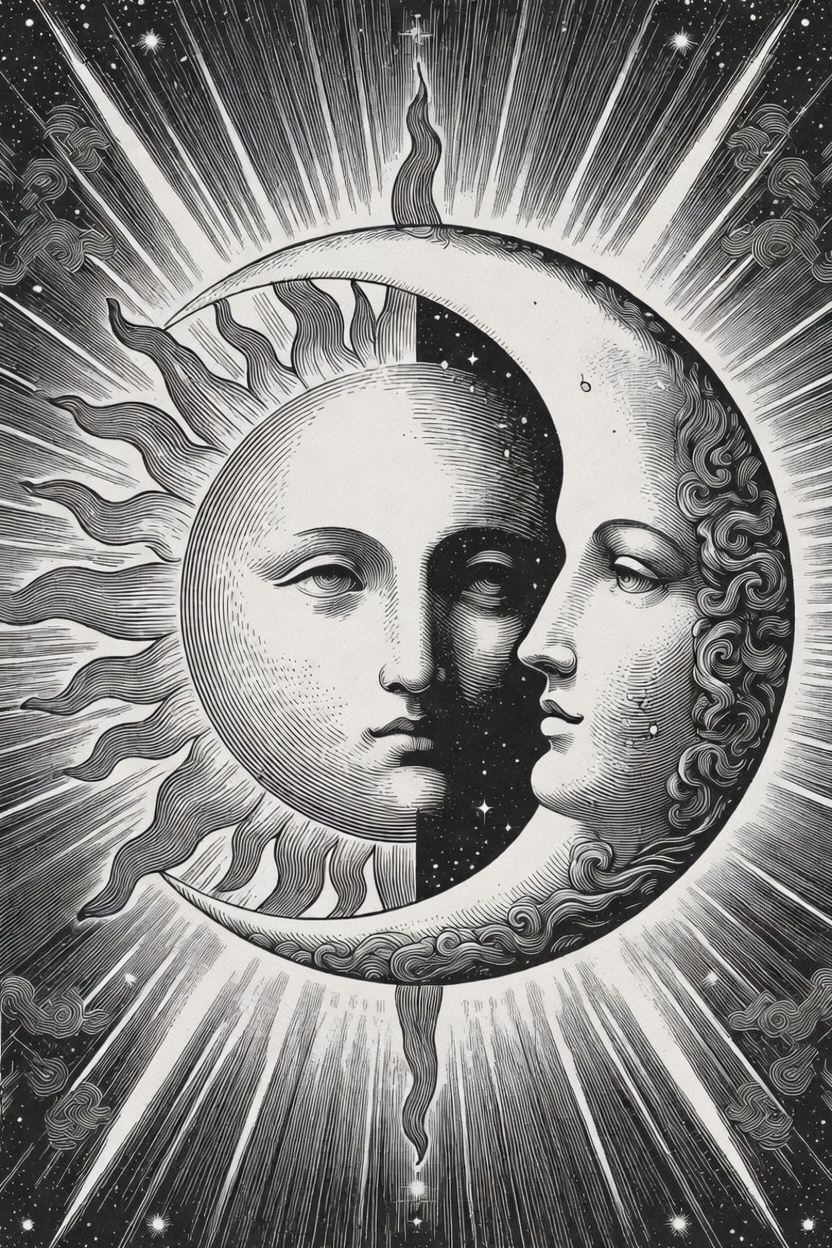 Baroque engraving of the sun and moon united - alchemical symbol of the commodity value chain